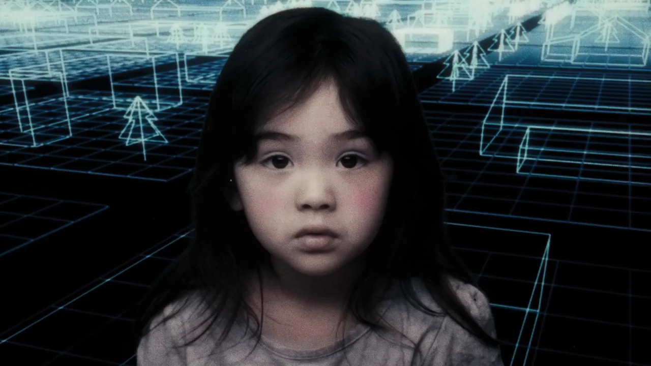 Once Within A Time (2022) movie still: closeup — A young child stands in front of a dark, glowing blue digital wireframe grid. The girl stares…