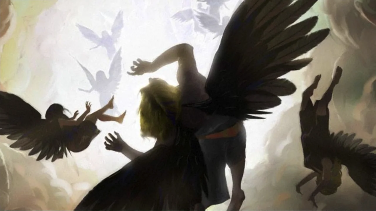 Beware of Angels (2016) movie still: wide — Figures with large black wings fall through a bright, cloudy sky environment. Several winged individuals…