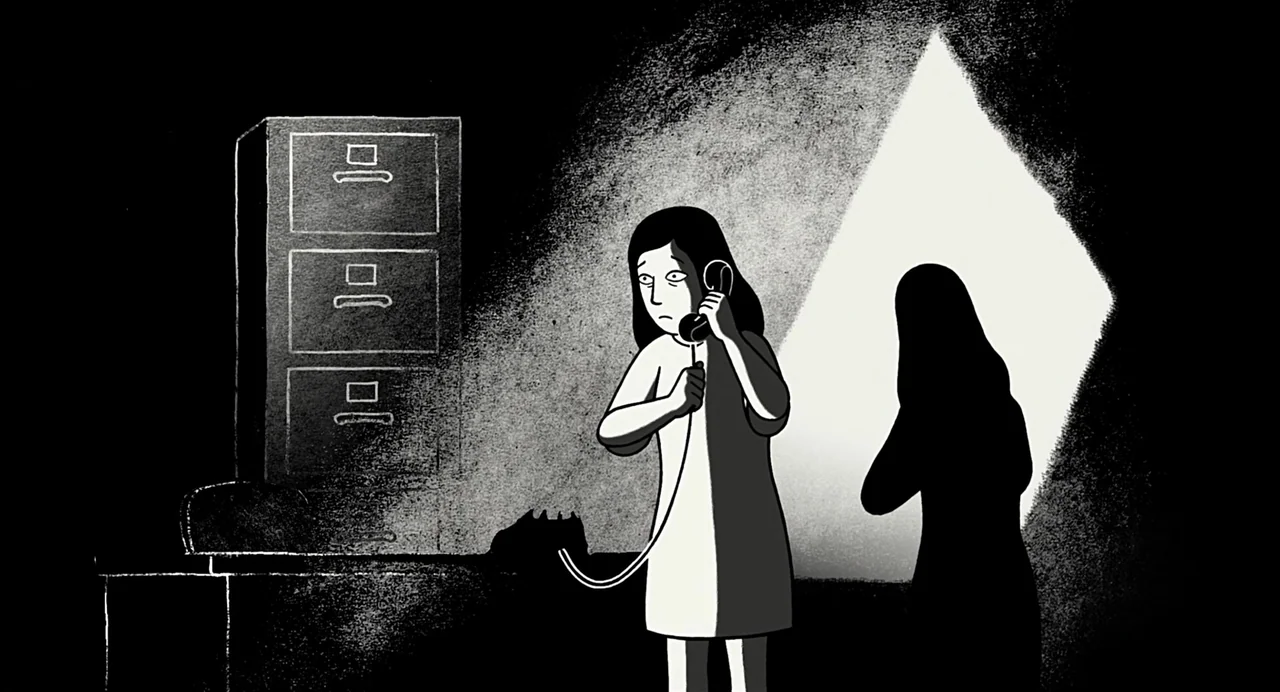 Persepolis (2007) movie still: medium — A dark space features a metal filing cabinet and a bright projected light. A woman stands in the center…