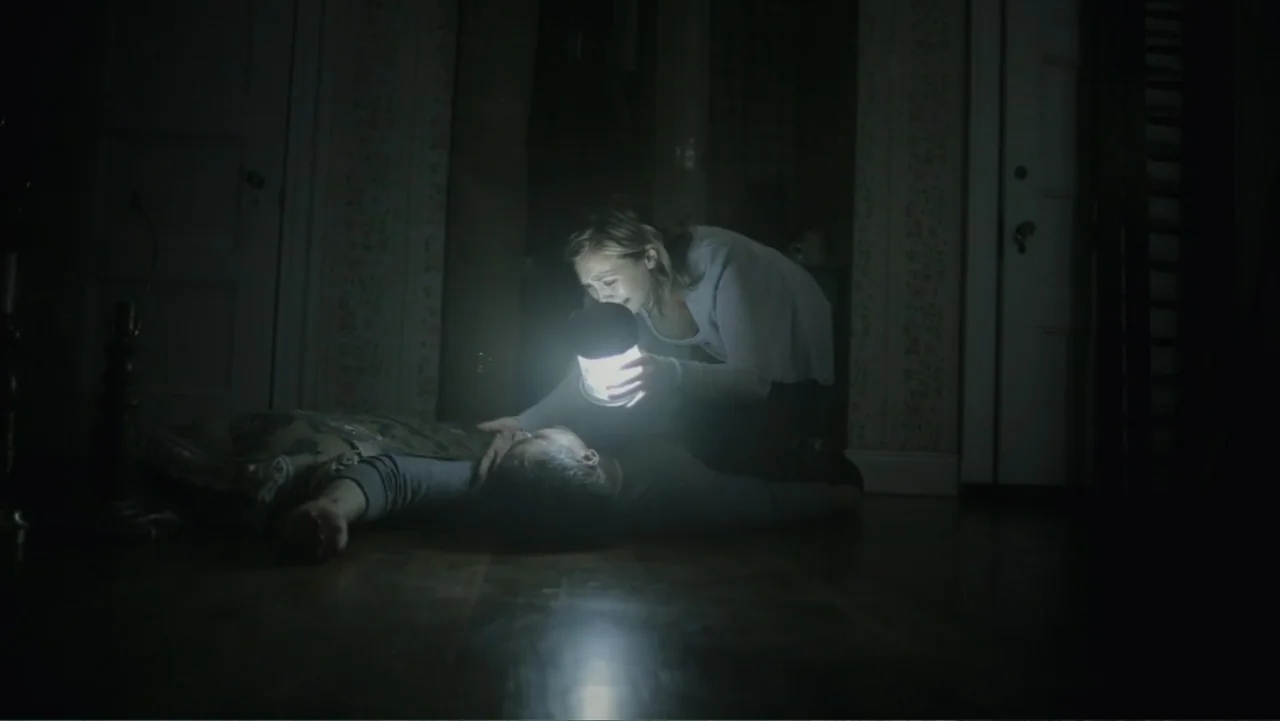 Silent House (2011) movie still: medium — A dimly lit room with floral wallpaper and hardwood floors at night. A woman in a grey shirt kneels on the…