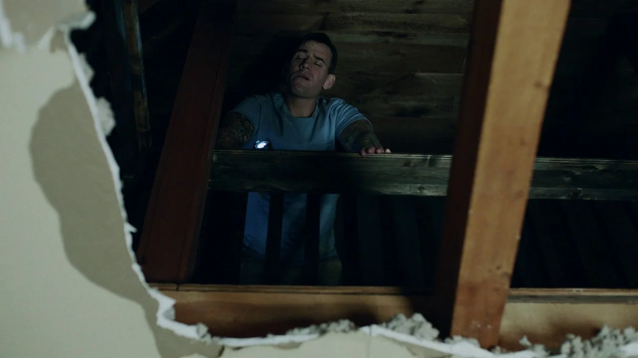 Girl on the Third Floor (2019) movie still: medium — A man stands between wooden joists in a dark unfinished space with exposed beams. He holds a…