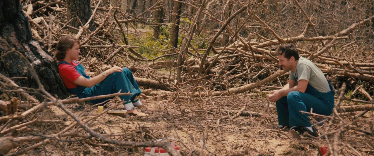 Prince Avalanche (2013) movie still: wide — A clearing filled with fallen, dry branches and scorched pine trees. Two men in blue denim overalls sit…