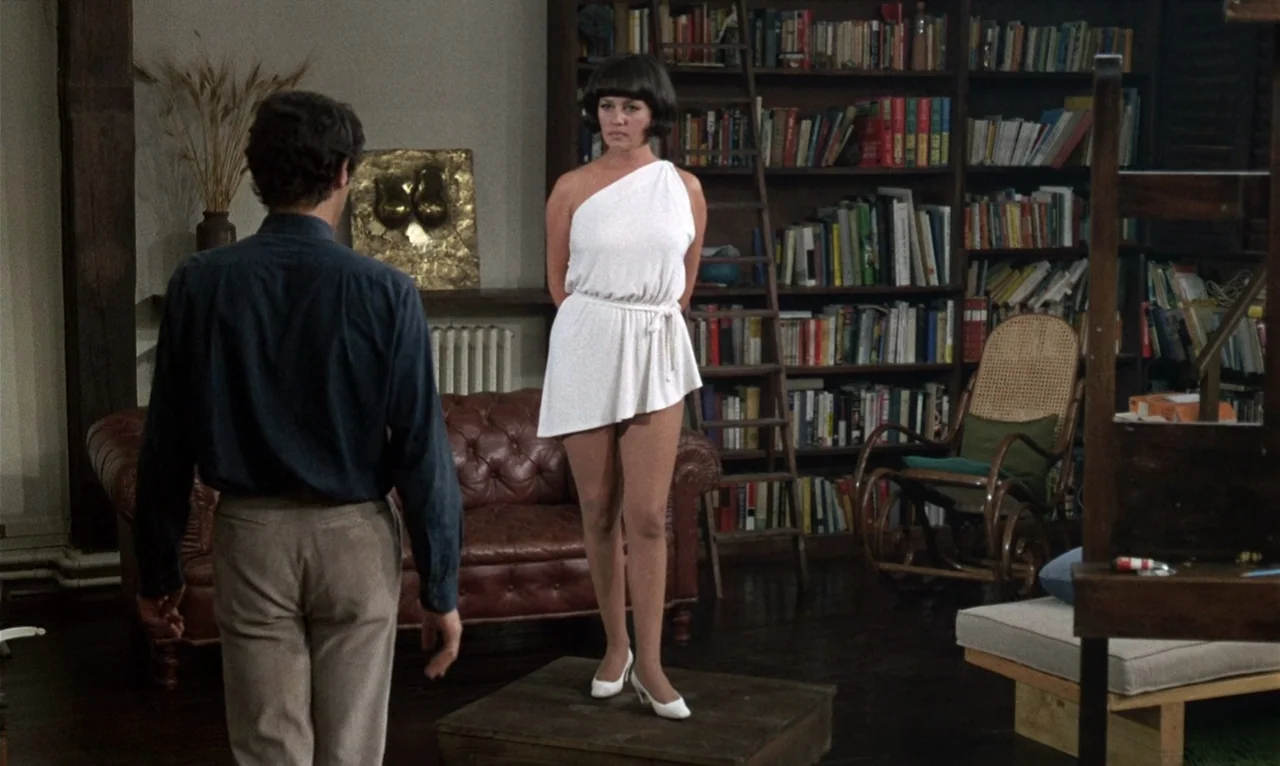 The Bride Wore Black (1968) movie still: fullbody — A room with floor-to-ceiling bookshelves, a wooden ladder, and a dark brown leather sofa. A…