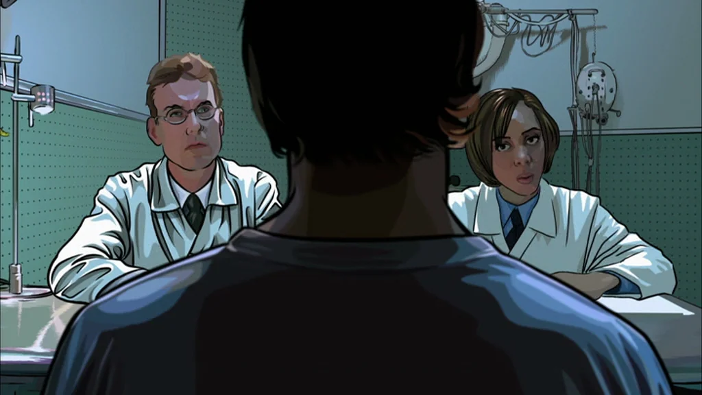 A Scanner Darkly (2006) movie still: medium — A clinical examination room features green textured walls and mounted medical equipment. Two medical…