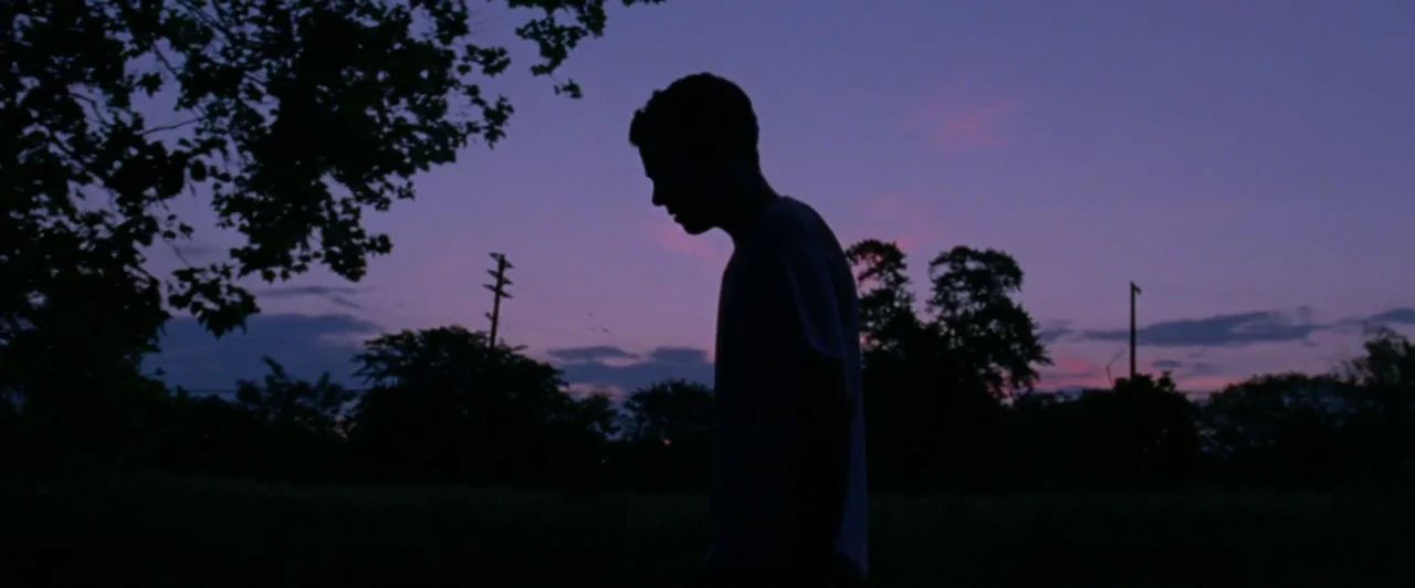 Lost River (2014) movie still: medium — A silhouette of a person walks through a dark field at sunset. Purple and pink clouds streak across the…