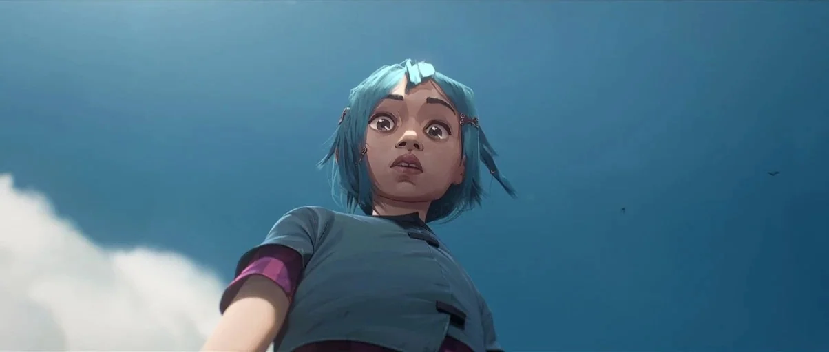 Arcane (2021) movie still: medium — A clear blue sky with a faint white cloud forms the backdrop. A young girl with short blue hair stares intently…