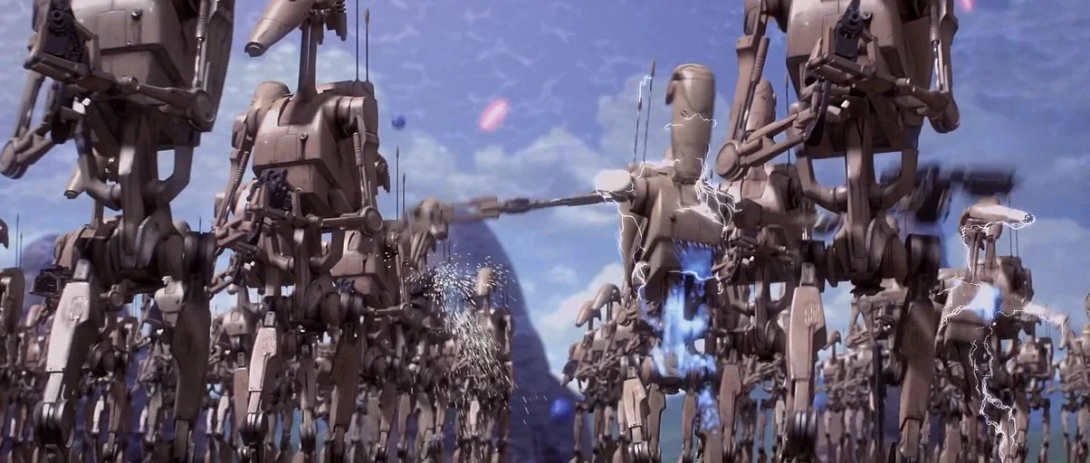 Star Wars: Episode I – The Phantom Menace (1999) movie still: wide — A vast army of tan mechanical droids marches across a hilly landscape under…