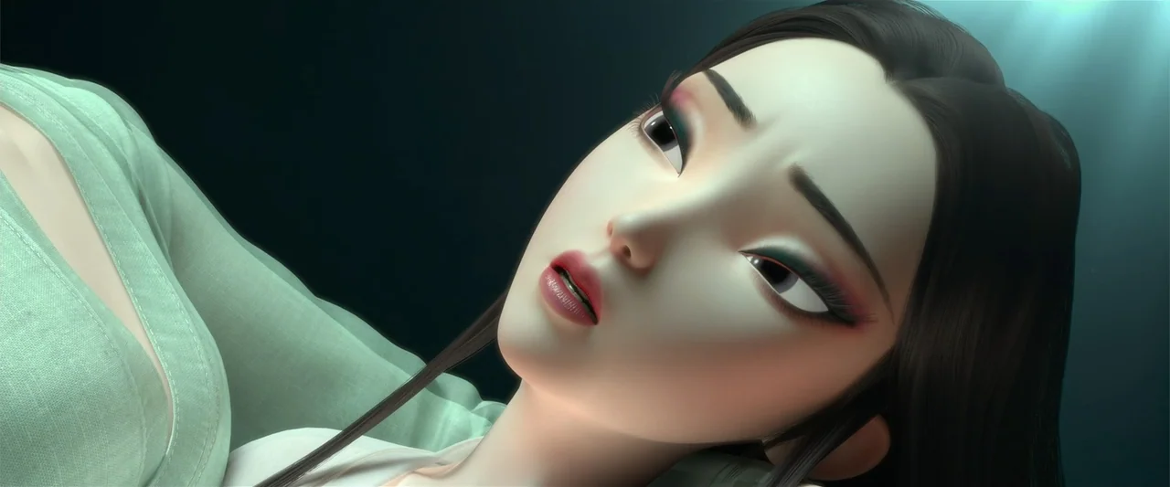 White Snake (2019) movie still: closeup — A stylized 3D rendered character is positioned in a dimly lit, nondescript interior space. The person lies…