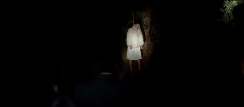 Mister Lonely (2007) movie still: fullbody — A dark, dense wooded area at night provides the backdrop for the frame. A woman wearing a white fur…