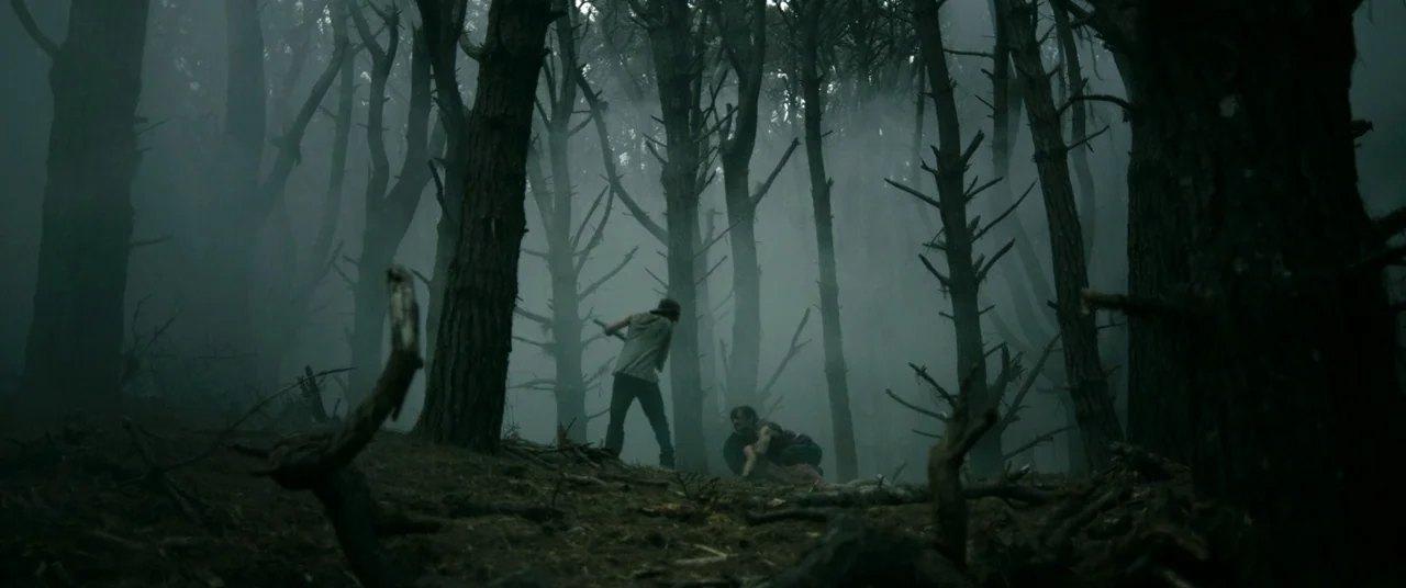 Evil Dead (2013) movie still: wide — A dense, foggy woodland area with tall pine trees and a debris-covered ground surface. A man holding an object…