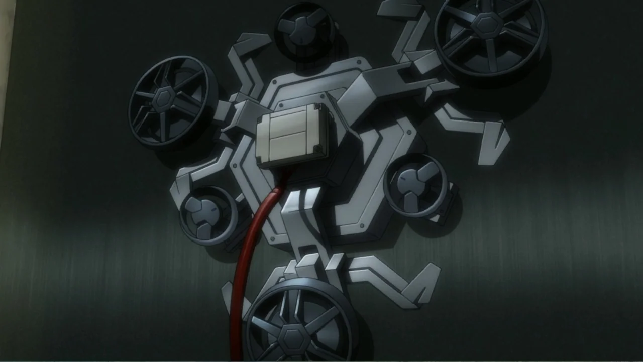 Ghost in the Shell: The New Movie (2015) movie still: closeup — A complex, grey, multi-fan mechanical apparatus is bolted onto a dark green metal…