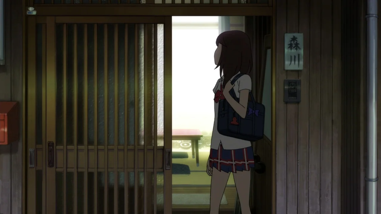 Napping Princess (2017) movie still: medium — A wooden Japanese house entrance features a sliding door and a nameplate on the wall. A young woman in…