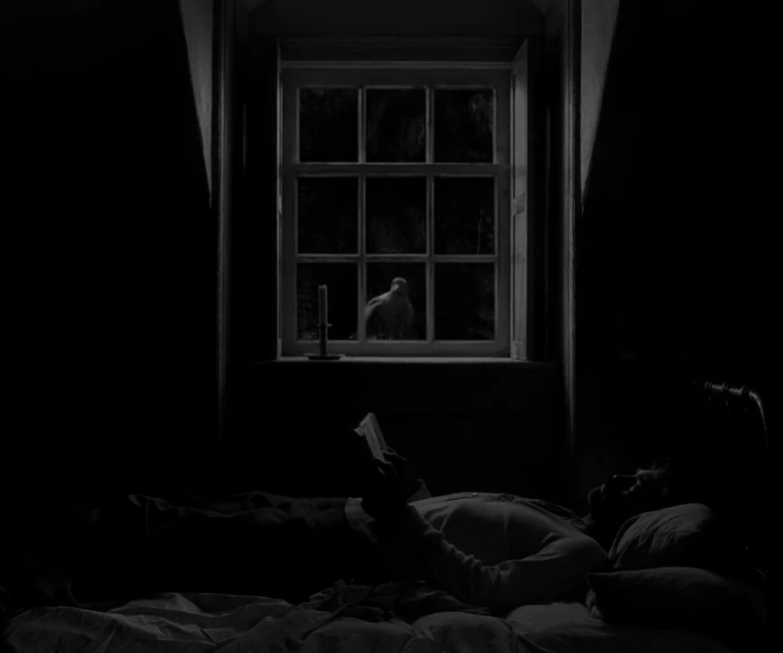 The Lighthouse (2019) movie still: medium — A dimly lit room at night features a person lying in a bed. A window behind the bed shows a bird perched…