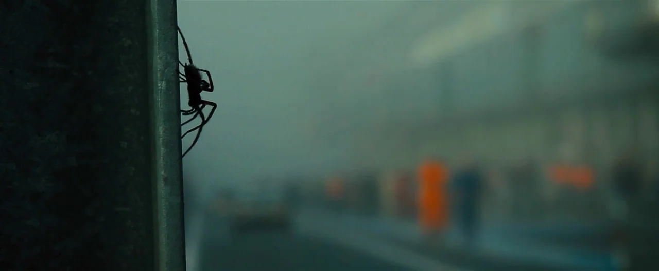Rush (2013) movie still: closeup — A close-up view shows a black spider crawling on the side of a metal pillar. In the blurred, foggy distance,…