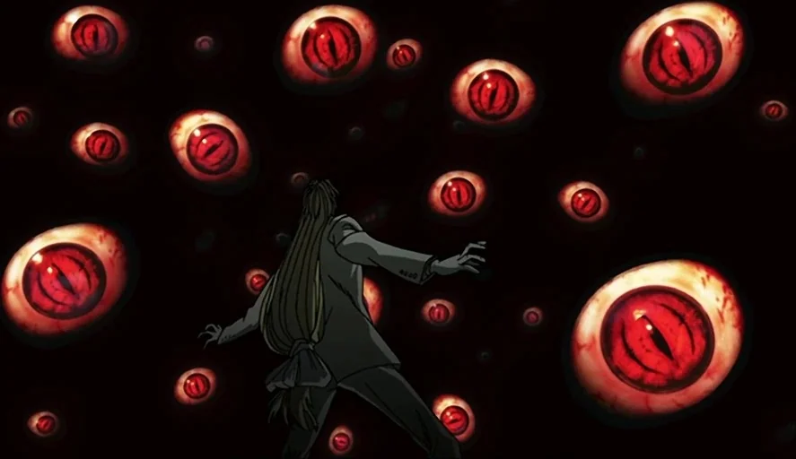 Hellsing Ultimate (2006) movie still: medium — A dark, empty space is filled with dozens of floating, glowing red eyes. A man in a suit stands in…