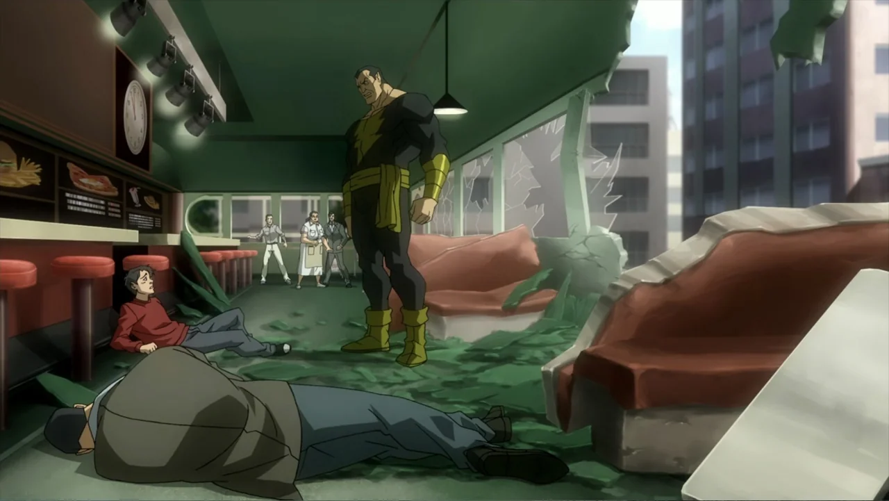 Superman/Shazam!: The Return of Black Adam (2010) movie still: fullbody — A damaged interior of a diner with broken glass and debris on the floor. A…