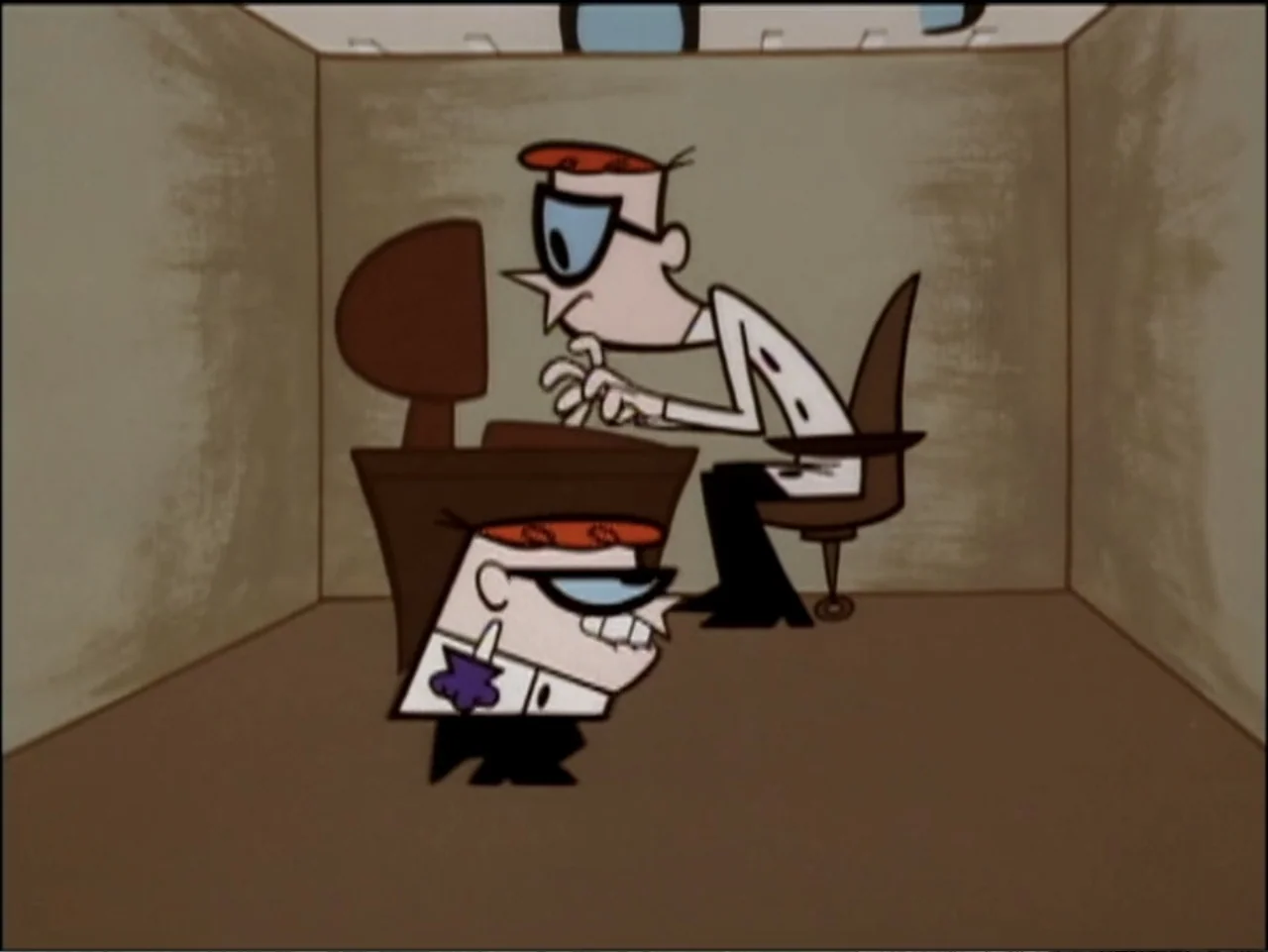 Dexter's Laboratory: Ego Trip (1999) movie still: medium — A plain, minimalist interior room features bare walls and basic geometric furniture. A…