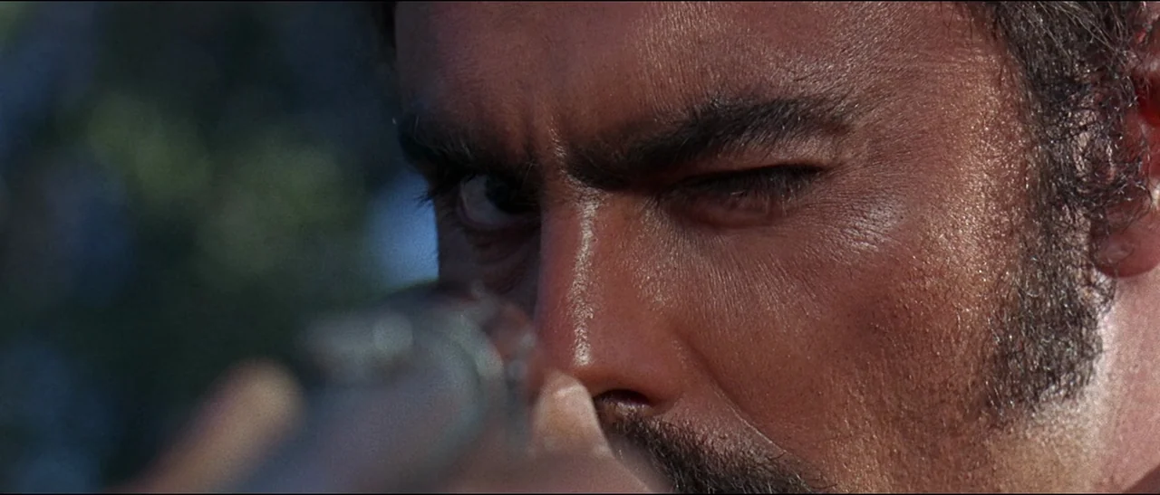 The Appaloosa (1966) movie still: closeup — A man with thick sideburns sights along the barrel of a rifle outdoors. The background is a soft-focused…