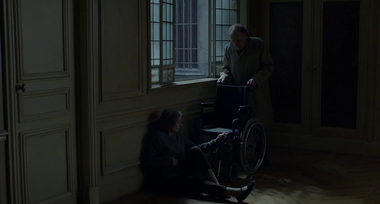 Amour (2012) movie still: fullbody — A dimly lit room features traditional paneled walls and a tall, multi-paned window. An elderly woman sits on…