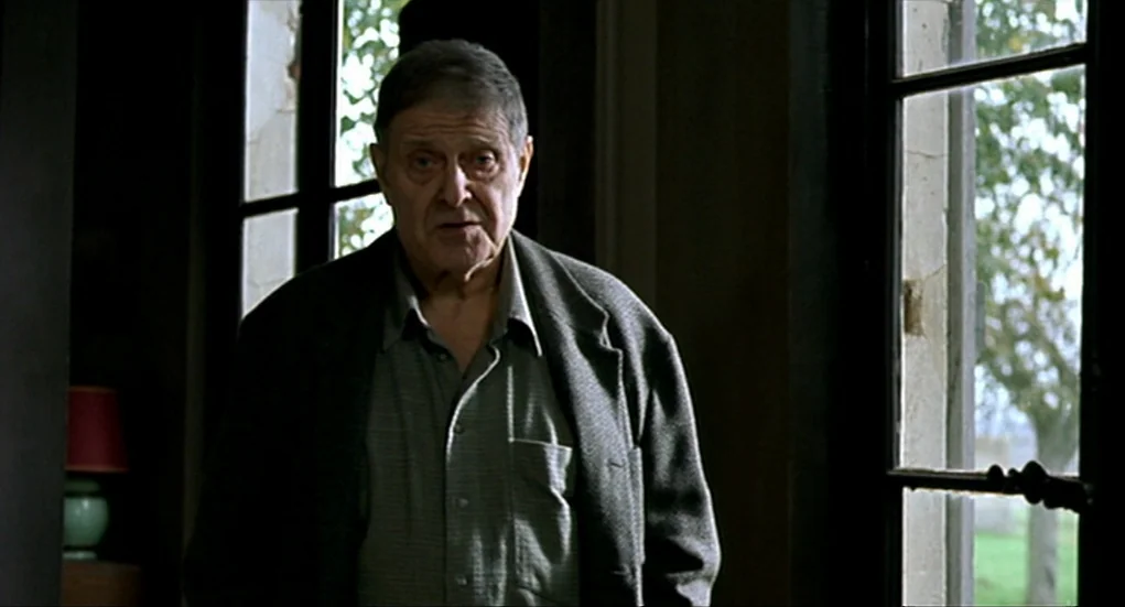 Tiresia (2003) movie still: medium — An interior space features tall windows overlooking a rural landscape. The man stands between the window frames…