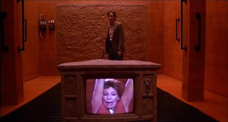 Videodrome (1983) movie still: wide — A square room is finished entirely in a uniform, textured terracotta orange surface. A man in a blazer stands…