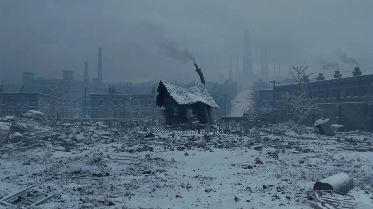 Charlie and The Chocolate Factory (2005) movie still: establishing — A war-torn neighborhood lies in ruins covered in a thick layer of snow. A…