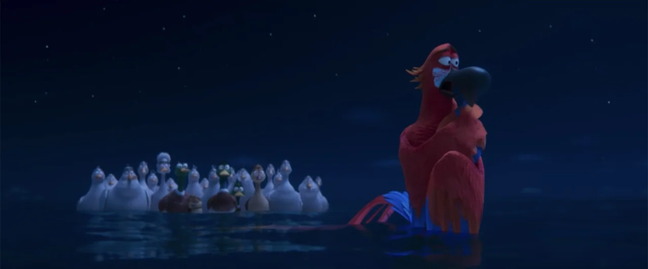 Migration (2023) movie still: medium — A group of ducks floats in dark water under a clear starry night sky. A red parrot stands in the foreground…