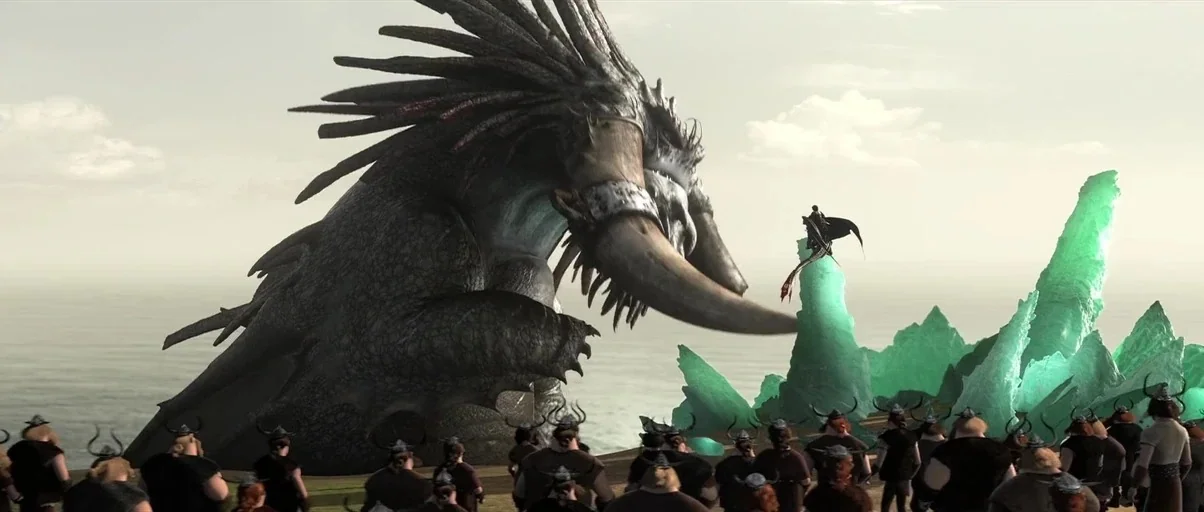 How to Train Your Dragon 2 (2014) movie still: wide — An arctic landscape features a colossal scaled creature facing a figure standing on ice. A…