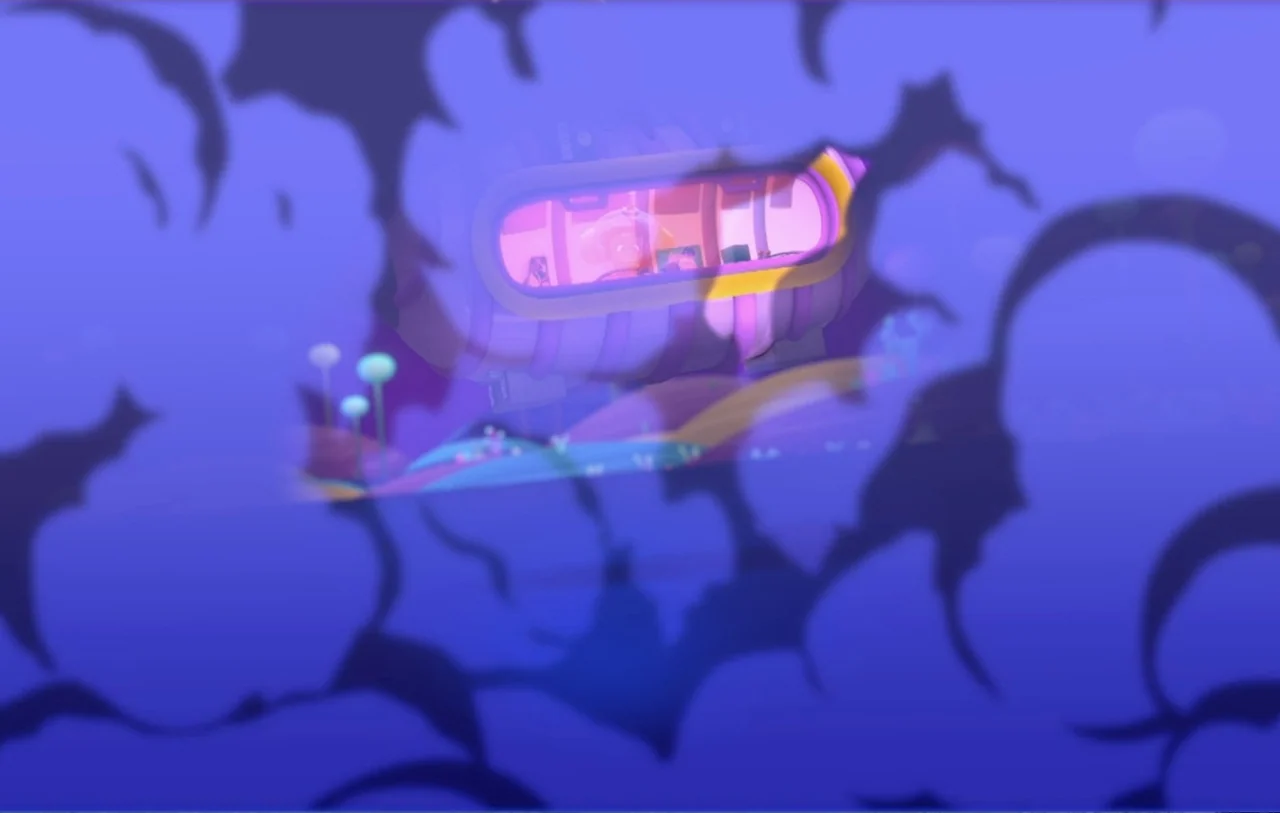 Mini Beat Power Rockers: The Movie (2022) movie still: wide — A floating structure with a glowing window sits within a dark, stylized landscape.…