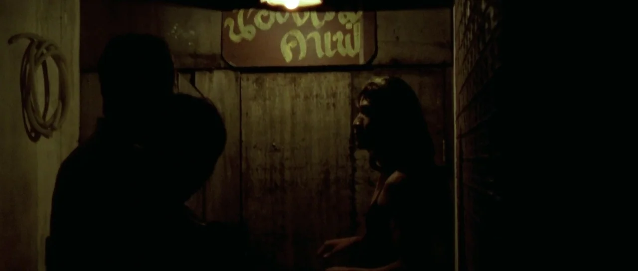 Vinyan (2008) movie still: medium — A dimly lit narrow hallway features wooden walls and a sign with yellow text. Two individuals stand in the…