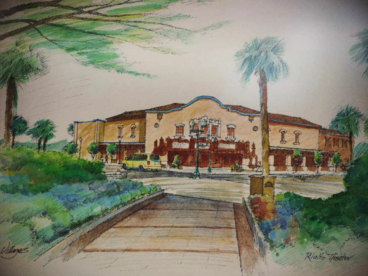 Some Kind Of Heaven (2020) movie still: wide — A colored ink and watercolor illustration depicts the Rialto Theater facade with palm trees. The…