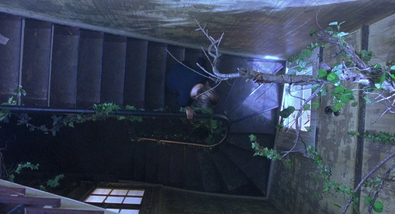 Candyman: Farewell to the Flesh (1995) movie still: wide — A wooden staircase winds upward through a house with faded wall paint and climbing ivy. A…
