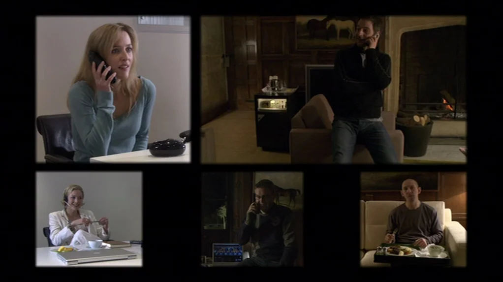 A Cock and Bull Story (2005) movie still: medium — A split-screen composition displaying five different individuals in various interior locations at…