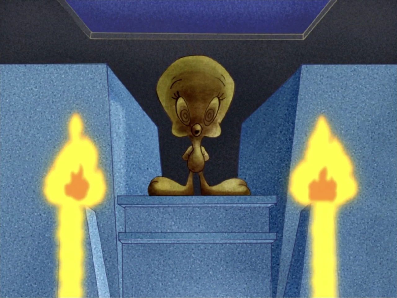 Tweety's High Flying Adventure (2000) movie still: medium — A stone altar sits between two pillars inside a dark blue stone structure. A small…