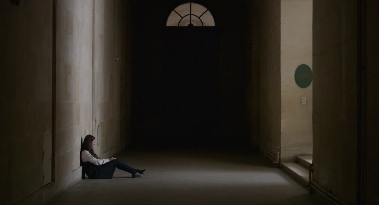 Zombi Child (2019) movie still: wide — A long, dim stone hallway features high ceilings and an arched doorway at the end. A young woman sits on the…