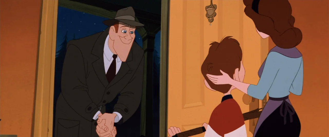 The Iron Giant (1999) movie still: medium — A 1950s house exterior threshold features a tall man arriving at a wooden door. The man stands outside…