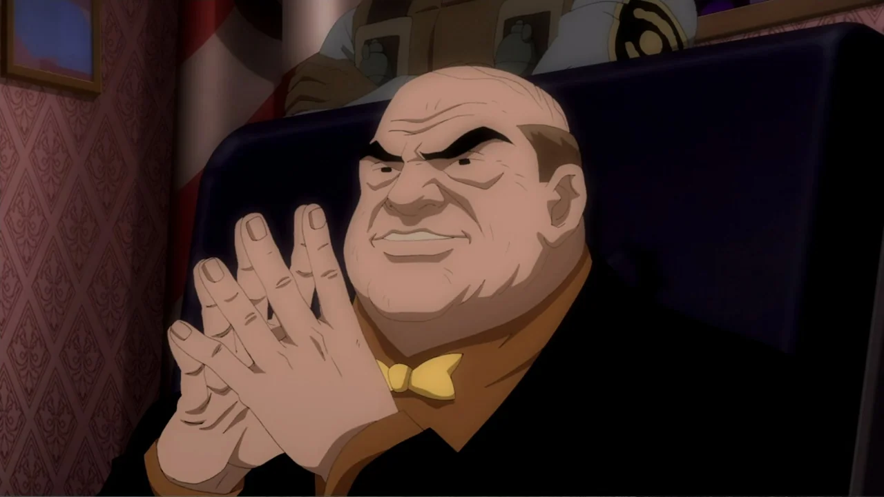 Batman: Year One (2011) movie still: medium — A dimly lit office features patterned wallpaper and dark upholstered furniture. An older heavyset man…