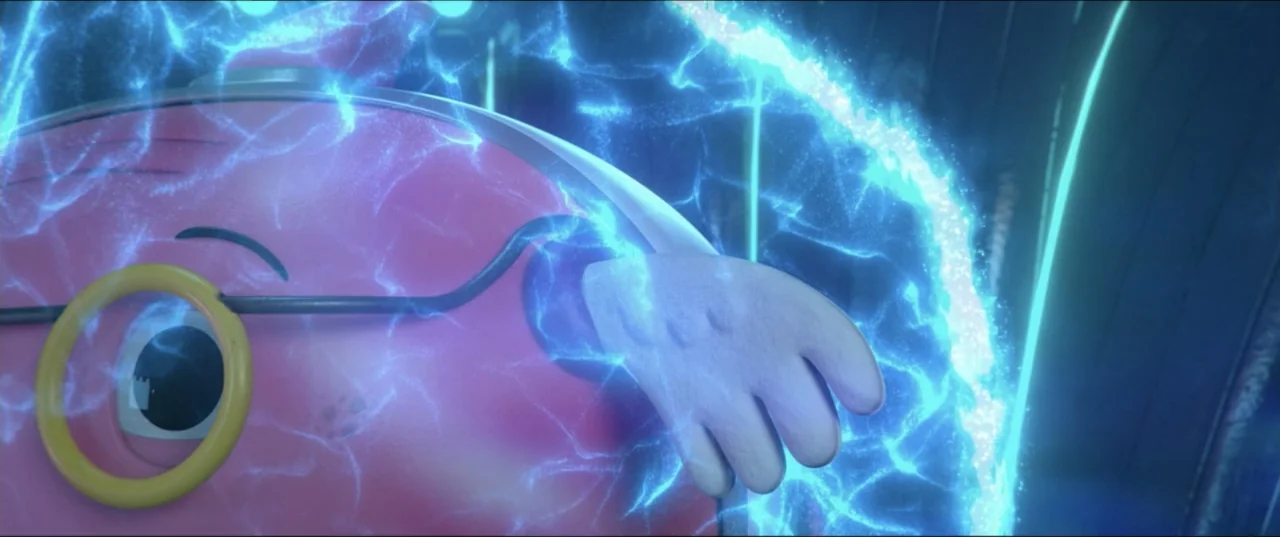 Scarygirl (2023) movie still: closeup — A pink spherical character stands within a bright blue crackling energy field. The character extends a white…