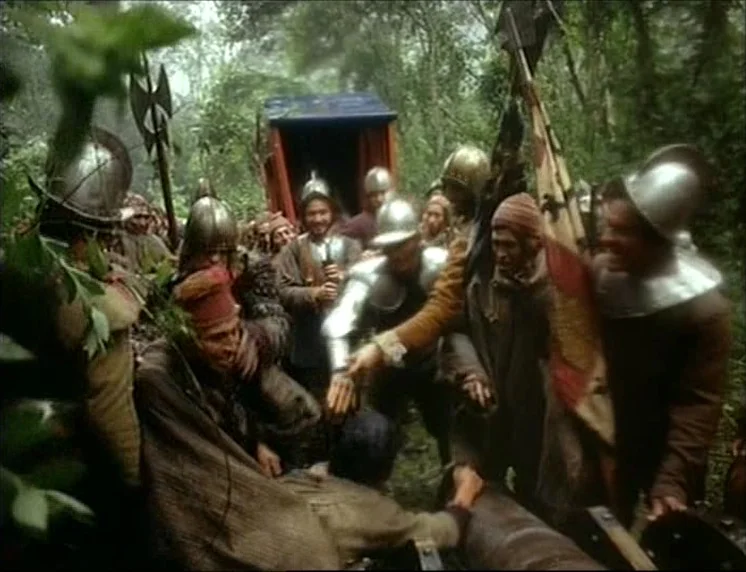 Aguirre, The Wrath Of God (Aguirre, der Zorn Gottes) (1972) movie still: medium — A group of men dressed as Spanish conquistadors travel through a…