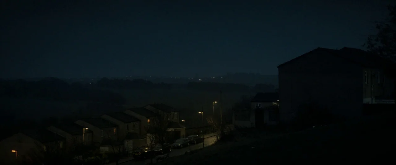 Ali & Ava (2021) movie still: wide — A suburban street at night is viewed from an elevated, distant vantage point. Several houses with scattered lit…