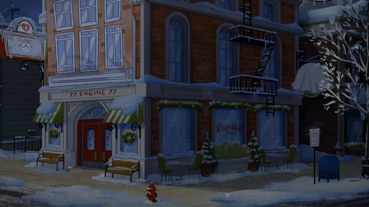 A Chuck E. Cheese Christmas (2025) movie still: establishing — A snow-covered corner street features a brick fire station and an adjacent restaurant…