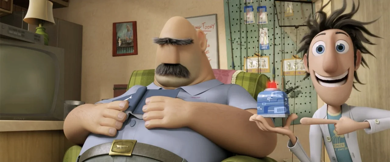 Cloudy with a Chance of Meatballs 2 (2013) movie still: medium — A cluttered living room features a green armchair and a fishing gear display board.…