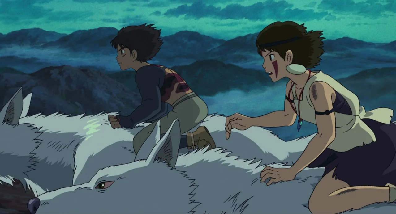 Princess Mononoke (1997) movie still: fullbody — Two teenagers ride large white wolves across a dark, mountainous terrain under night sky. Mist…