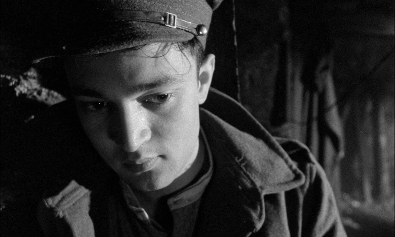 King & Country (1964) movie still: closeup — A dark, cramped space with rough textures possibly indicating a military dugout or trench. A young…
