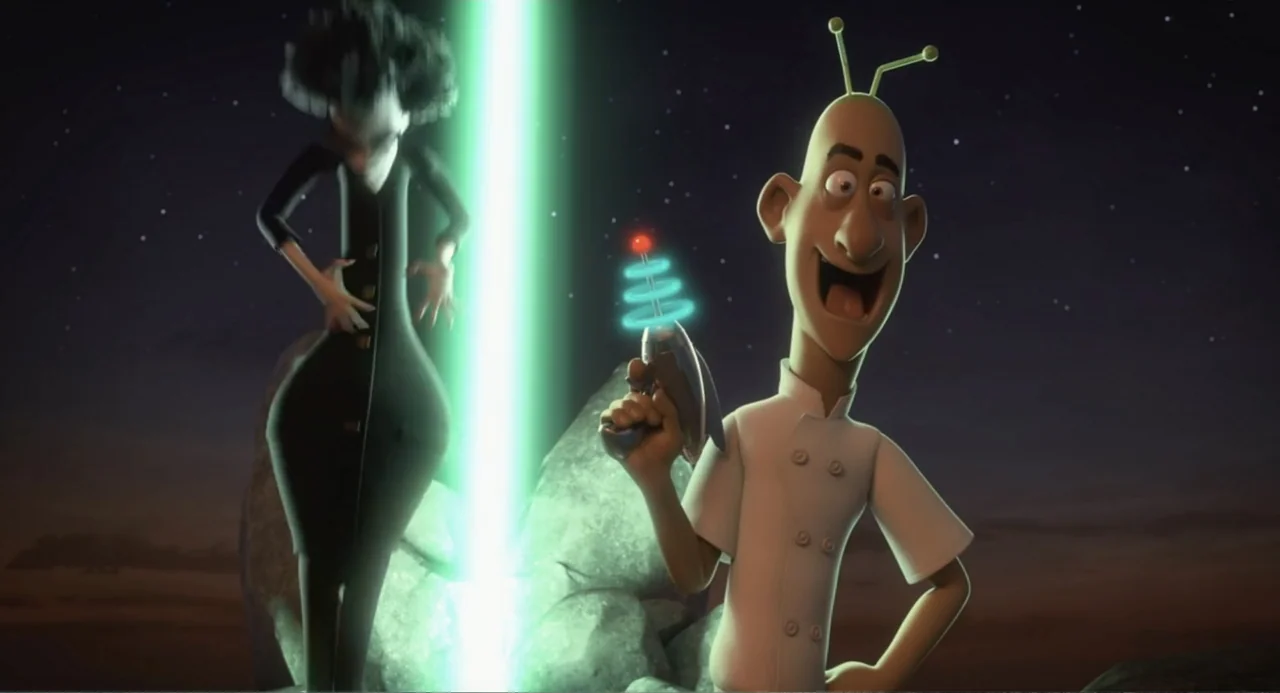 Luis and the Aliens (2018) movie still: medium — A rocky landscape at night is illuminated by a vertical green light beam. A bald character in a…