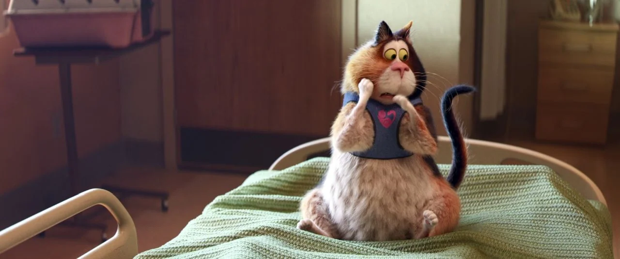 Soul (2020) movie still: medium — A clinical space features a hospital bed covered in a textured green blanket. A calico cat in a blue harness sits…