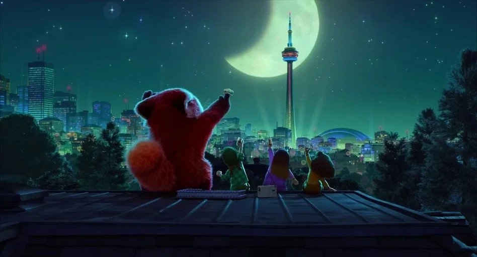 The Pixar Story (2007) movie still: wide — A view overlooking a sprawling nighttime city with a large crescent moon above. Four figures sit on a…