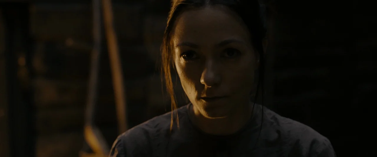 Hagazussa (2017) movie still: closeup — A dimly lit room with dark walls and indistinct shapes in the background. A woman in a grey top is…