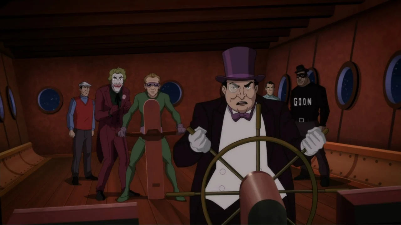 Batman: Return of the Caped Crusaders (2016) movie still: medium — The interior of a submarine bridge features wooden paneling and several circular…
