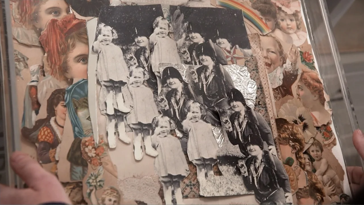 Nothing Left Unsaid: Gloria Vanderbilt & Anderson Cooper (2016) movie still: closeup — A handmade collage board features numerous overlapping…